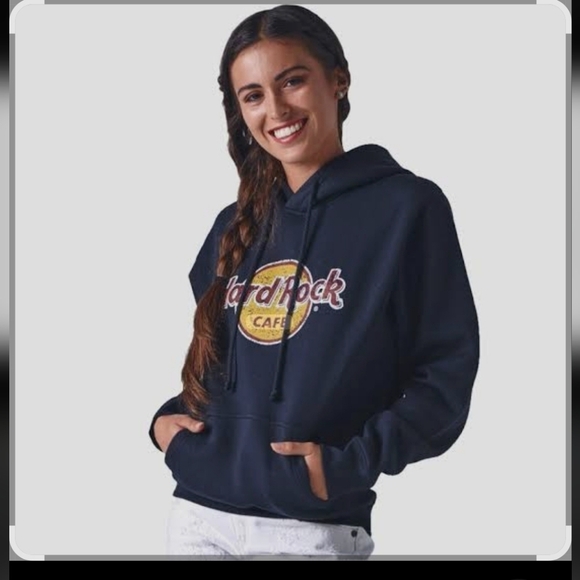Hard Rock Cafe Sweaters - Hard Rock Las Vegas  Hoodie Womens Large Navy Full Zipper  Long Sleeve Hooded